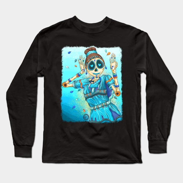 Cute Skeleton Lady - Dia De Los Muertos - Bharatanatyam Classical Indian Dancer Long Sleeve T-Shirt by Scriptnbones